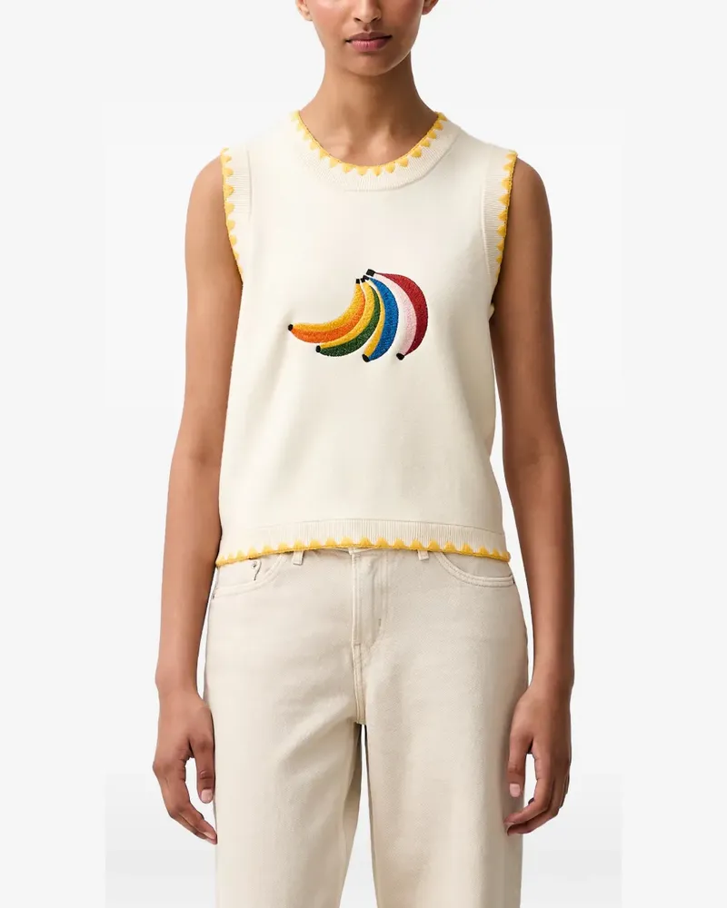Never Fully Dressed banana-embroidered sleeveless knitted vest - Nude Nude