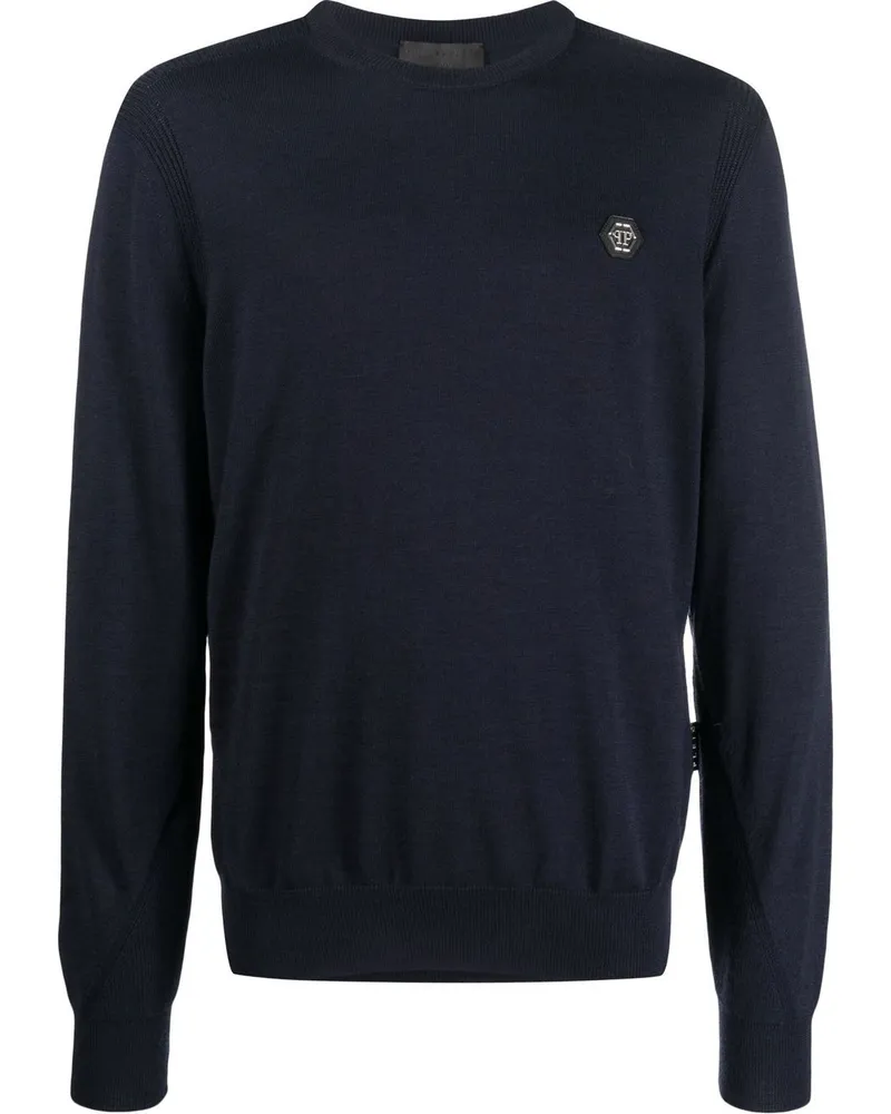 Philipp Plein Merinopullover mit Logo-Patch - Blau Blau