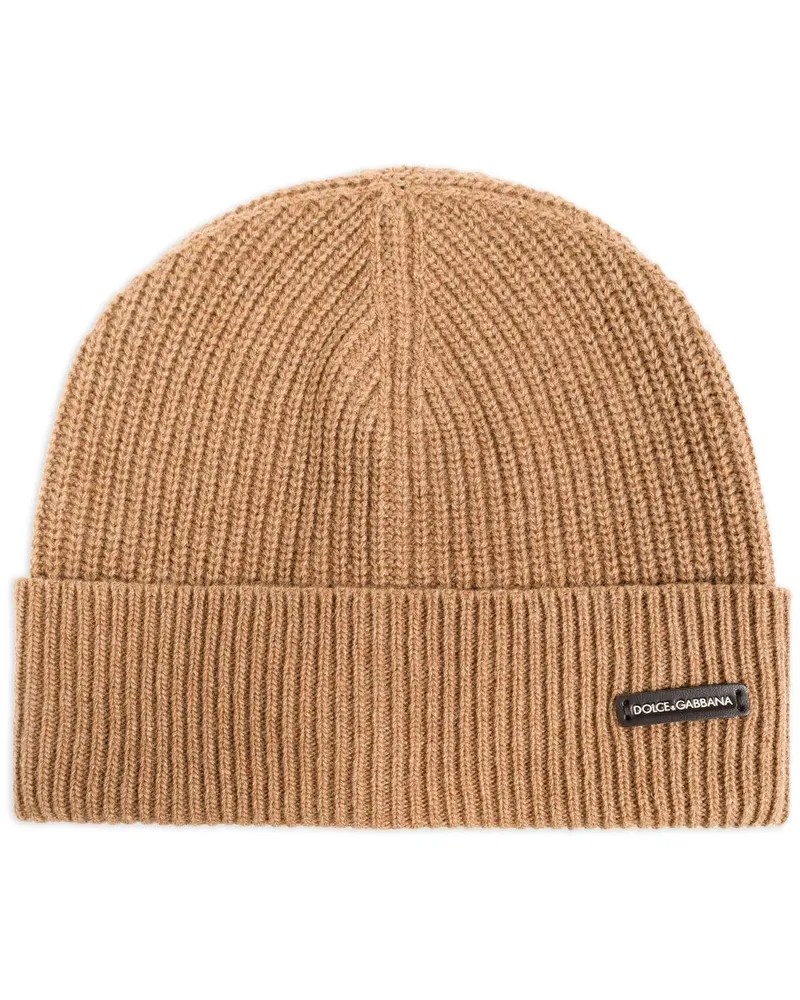 Dolce & Gabbana Gerippte Beanie mit Logo-Patch - Nude Nude