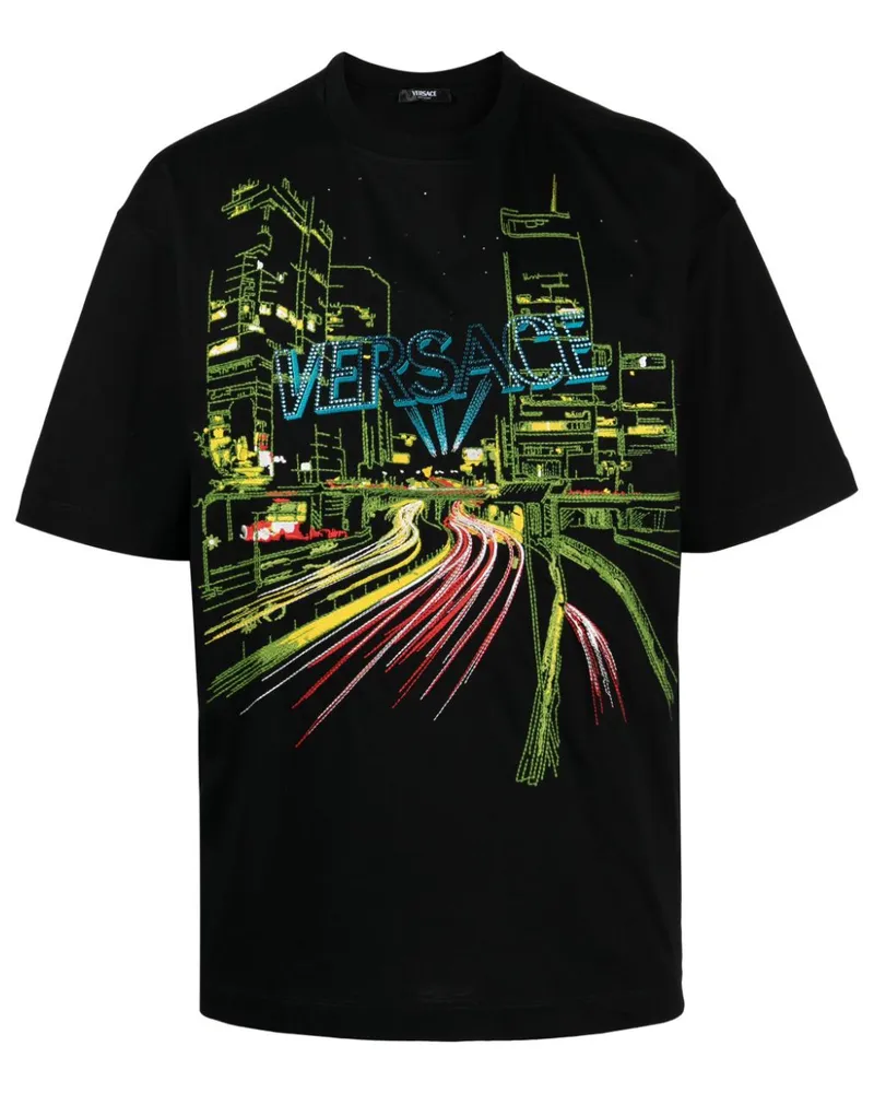 Versace T-Shirt mit City Lights-Stickerei - Schwarz Schwarz