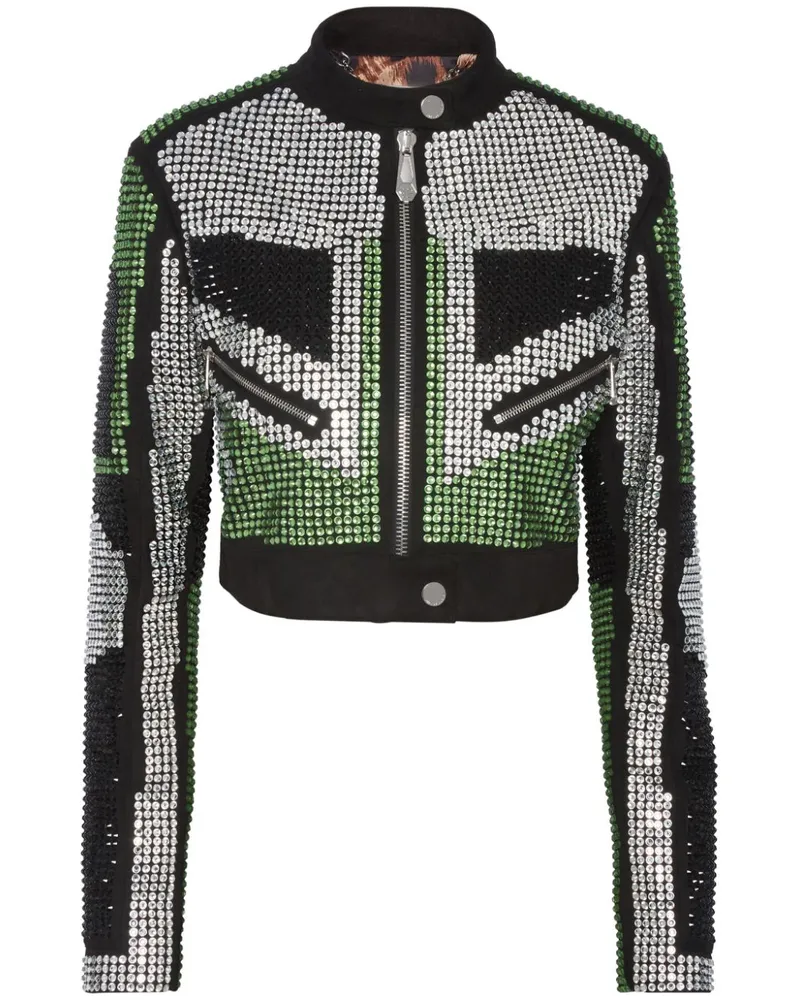 Philipp Plein Cropped-Bikerjacke mit Strass - Silber Silber