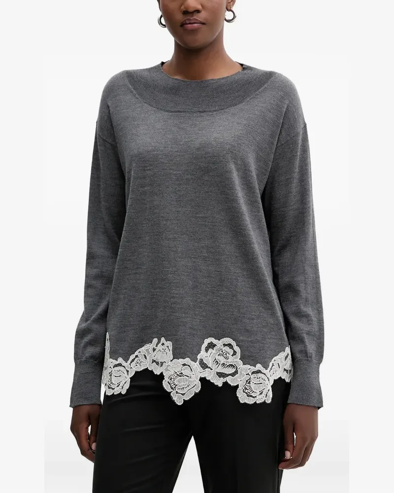 Blumarine Rundhals-Pullover mit Spitzenbesatz - Grau Grau