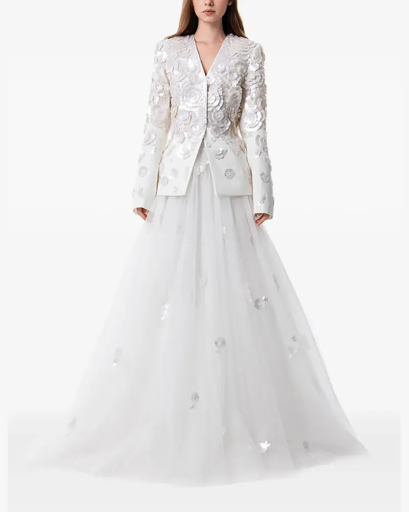 Dina Melwani Maxikleid mit Blumenstickerei - Weiß Weiß
