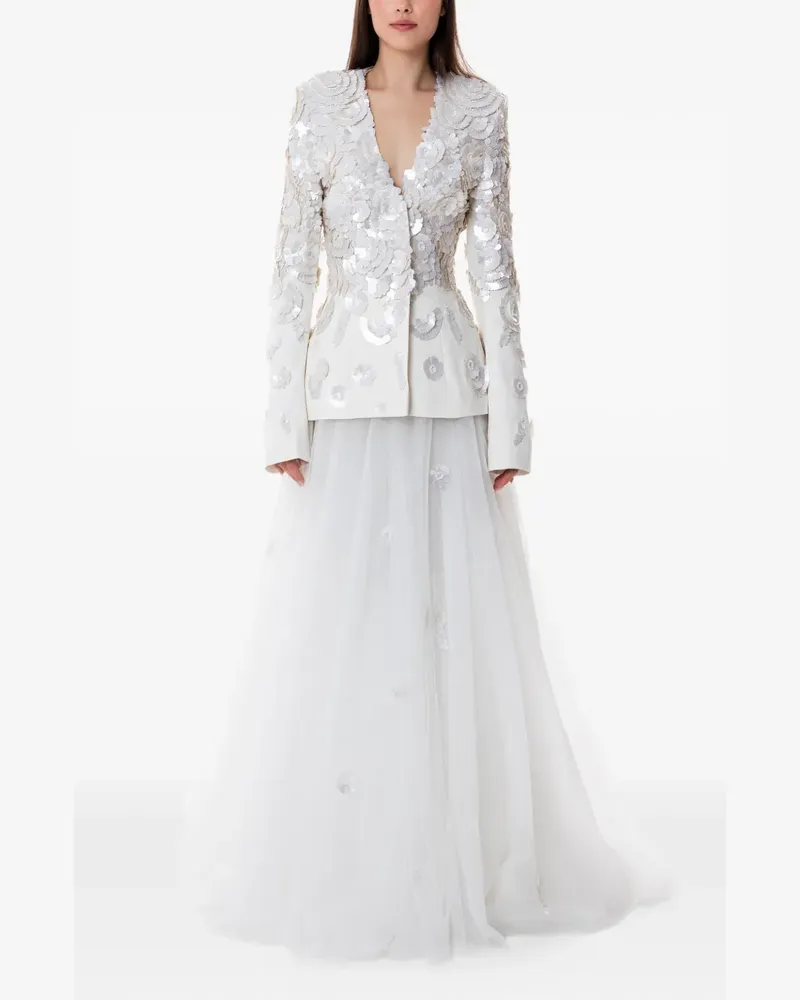 Dina Melwani Maxikleid mit Blumenstickerei - Weiß Weiß