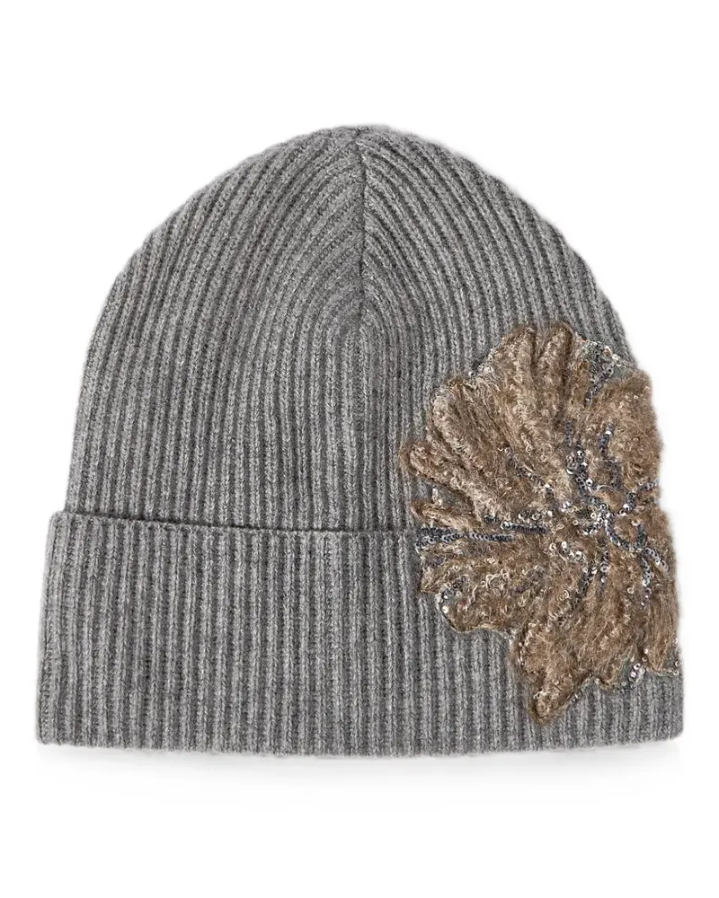 Brunello Cucinelli cashmere ribbed beanie with whispering bloom embroidery - Grau Grau