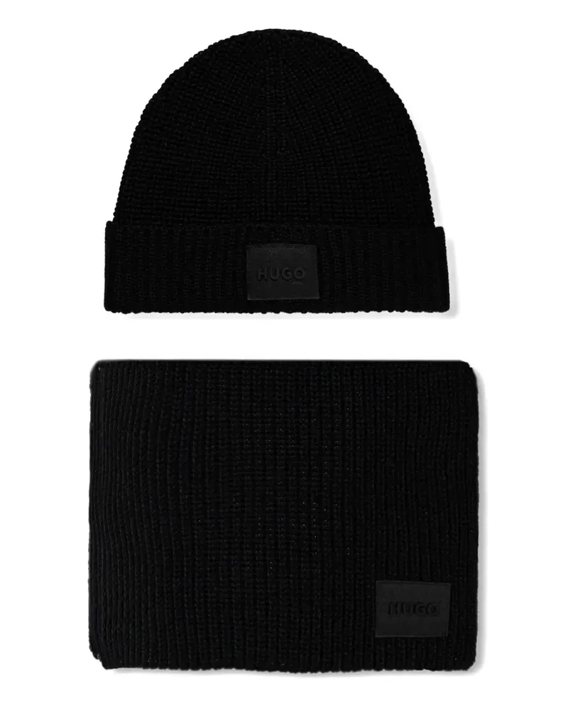 HUGO BOSS logo-patch knitted beanie set - Schwarz Schwarz