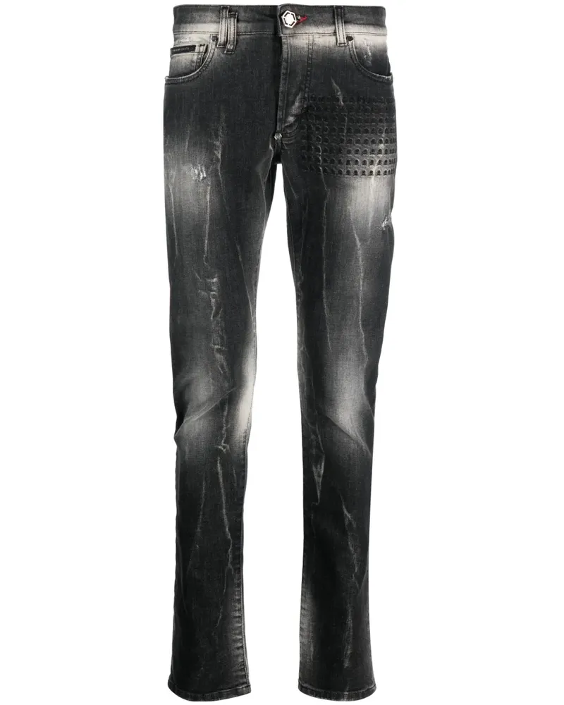Philipp Plein Ausgeblichene Skull and Bones Jeans - Grau Grau