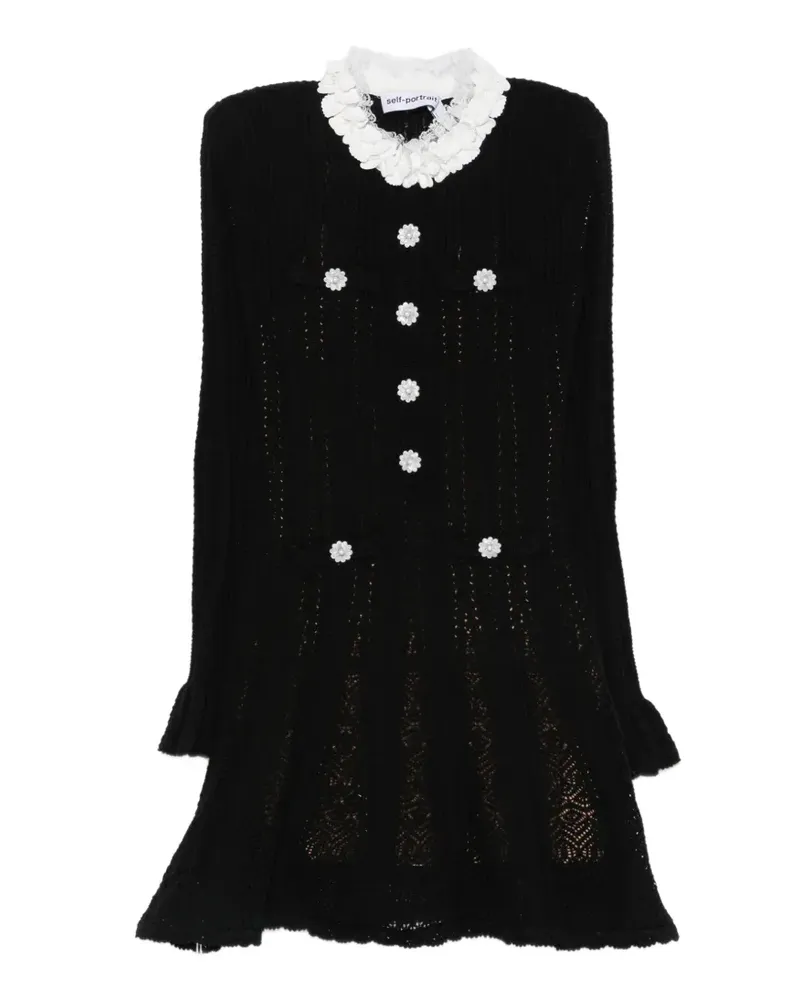 Self-Portrait Minikleid mit Blumenknöpfen und Spitzenkragen - Schwarz Schwarz