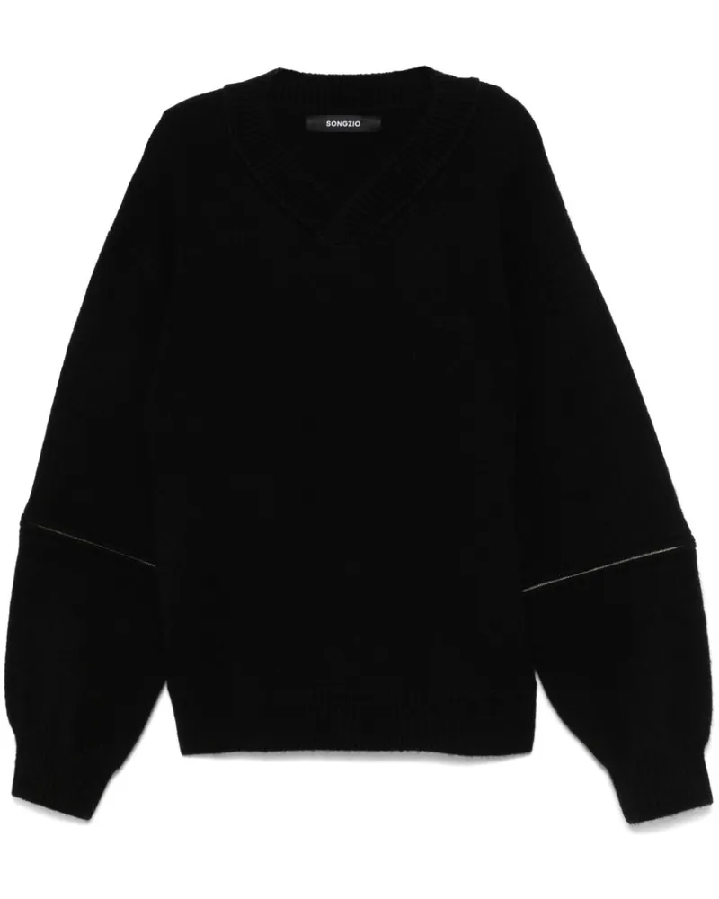 SONGZIO Gerippter Pullover mit V-Ausschnitt - Schwarz Schwarz