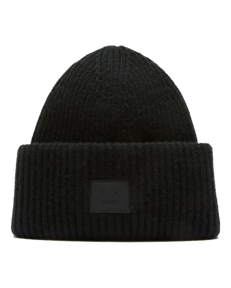 Acne Studios Gerippte Beanie mit Gesicht-Patch - Schwarz Schwarz