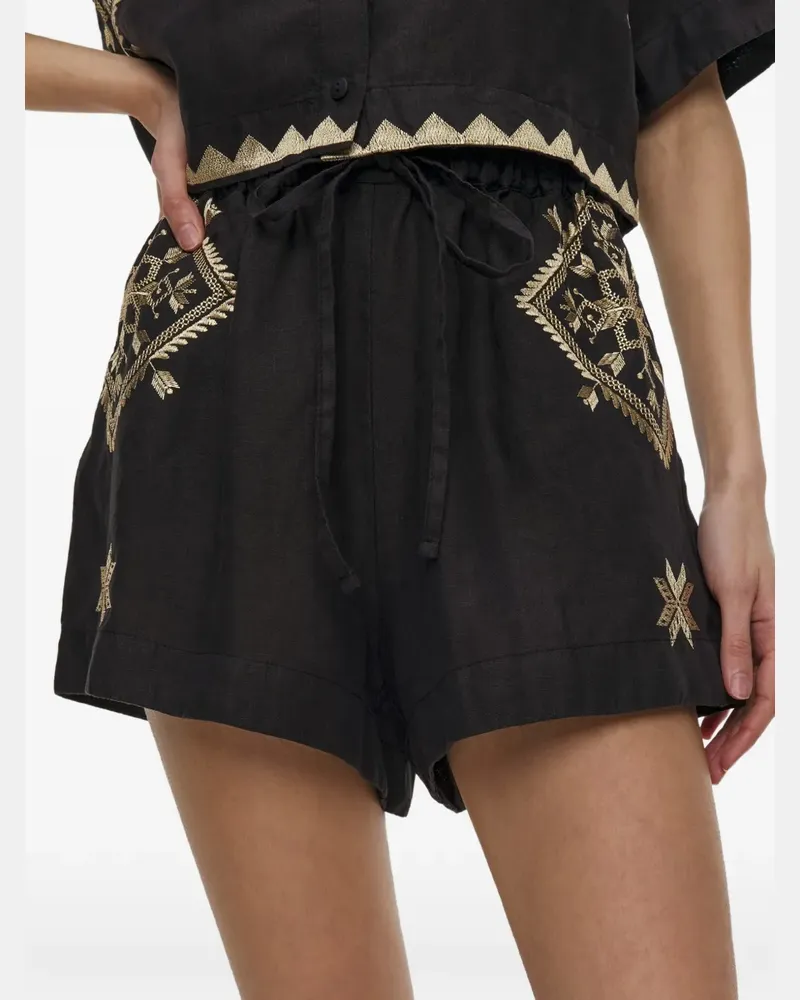 Greek Archaic Kori Bestickte Shorts mit Kordelzug - Schwarz Schwarz