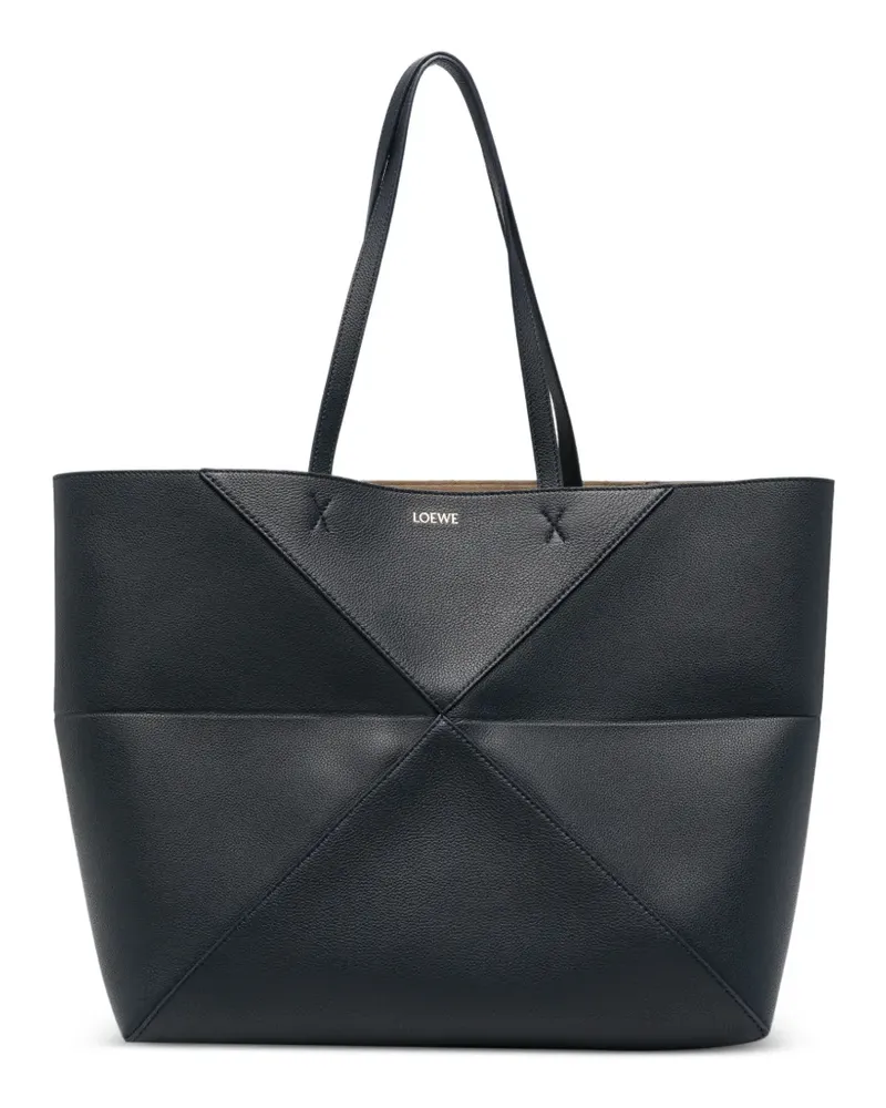 Loewe Große horizontale Puzzle Fold Tote Bag aus weichem, gekörntem Kalbsleder - Blau Blau