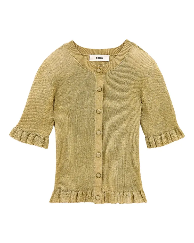 ba&sh Zibo ruffle-trim ribbed short-sleeved cardigan - Gold Gold