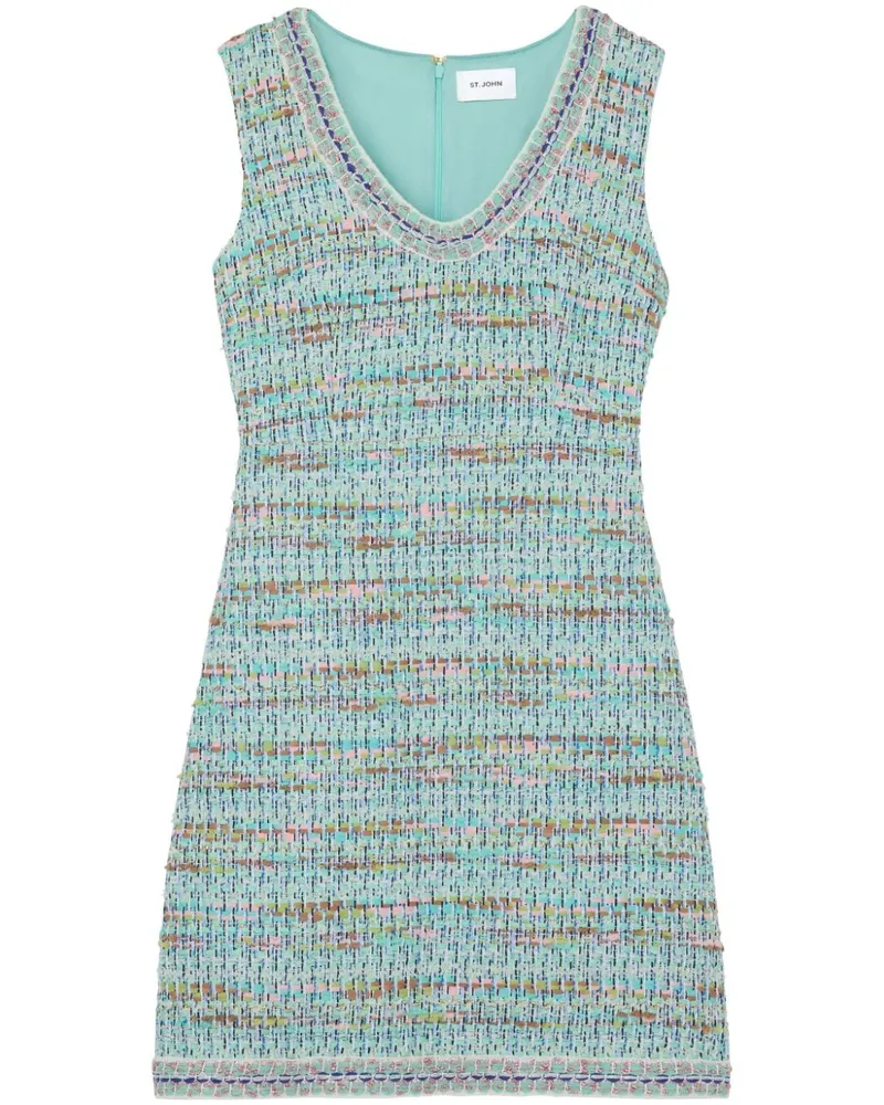 ST. JOHN Tweed-Minikleid mit V-Ausschnitt Blau