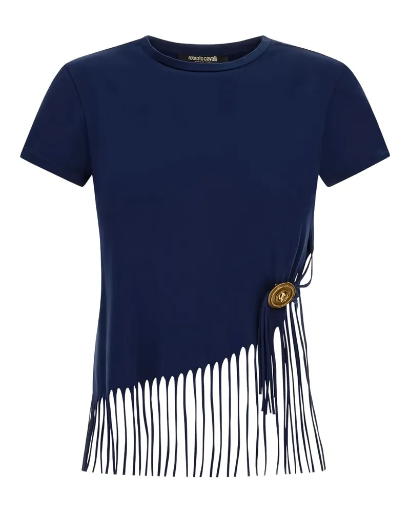 Roberto Cavalli fringe-detail button T-shirt - Blau Blau