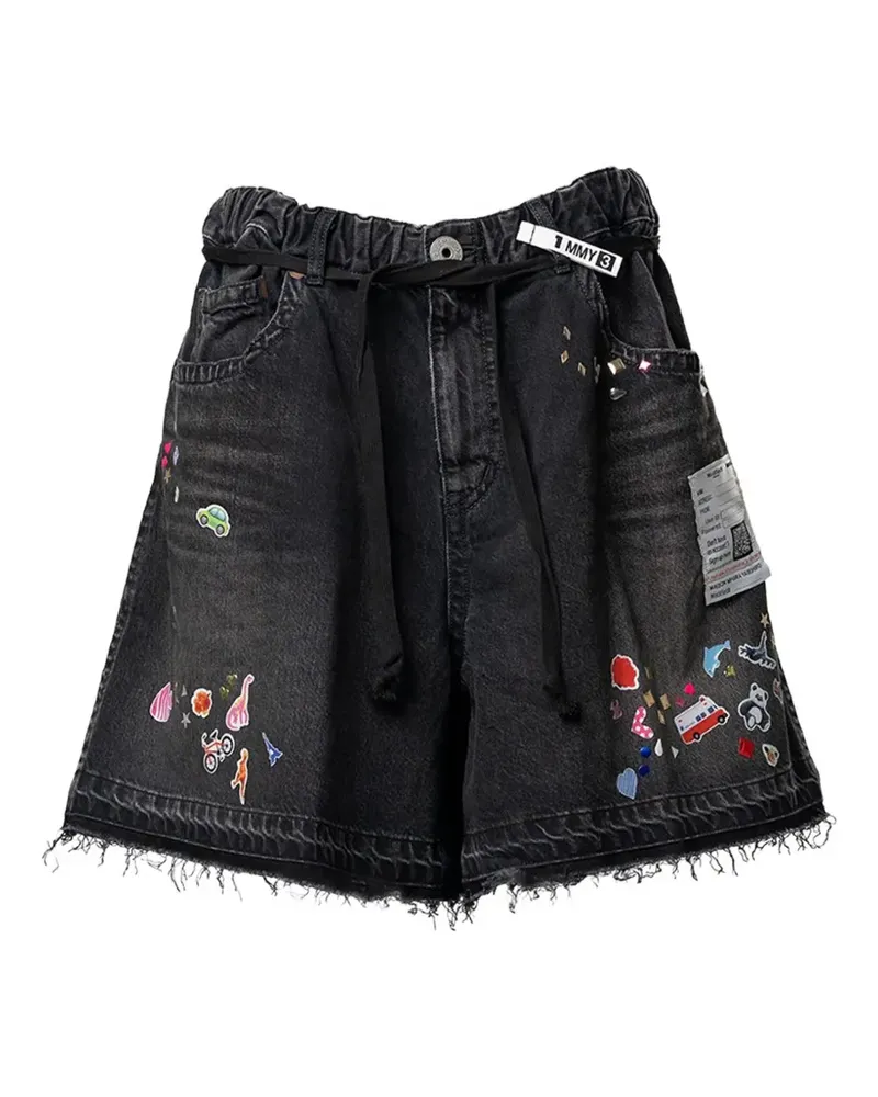 MIHARAYASUHIRO sticker-print denim shorts - Schwarz Schwarz