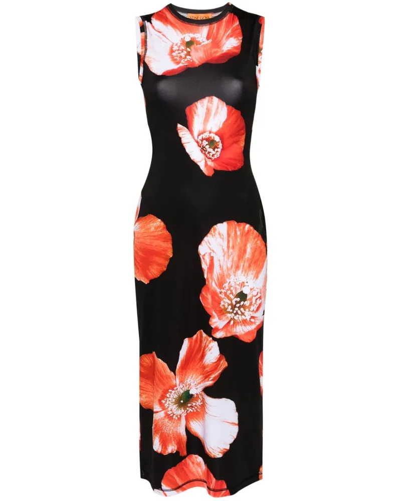 Stine Goya Danya Midikleid mit Opium Poppies-Print Schwarz