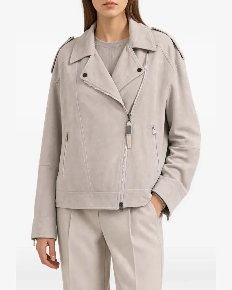 Brunello Cucinelli Bikerjacke aus Wildleder - Grau Grau