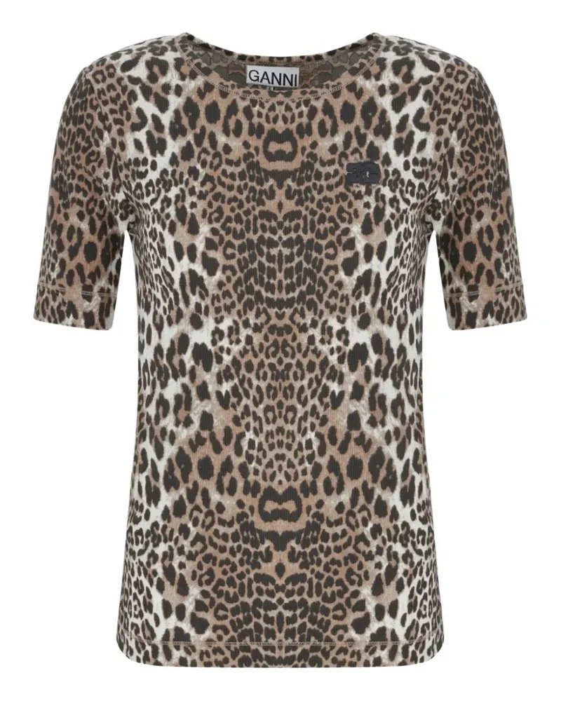 Ganni leopard-print logo-patch T-shirt - Nude Nude