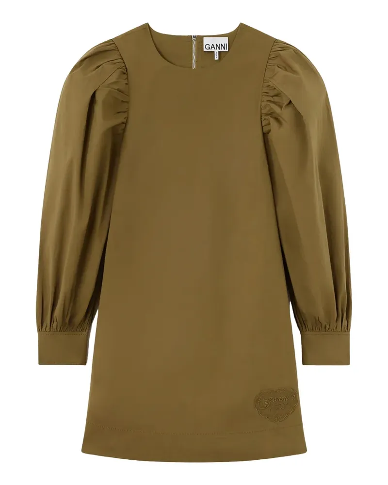 Ganni Minikleid mit Puffärmeln und Logo-Patch - Grün Grün