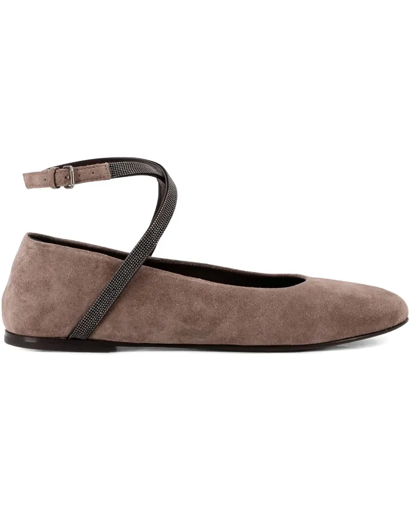 Brunello Cucinelli Flache Wildleder-Pumps mit überkreuzten Riemen - Braun Braun