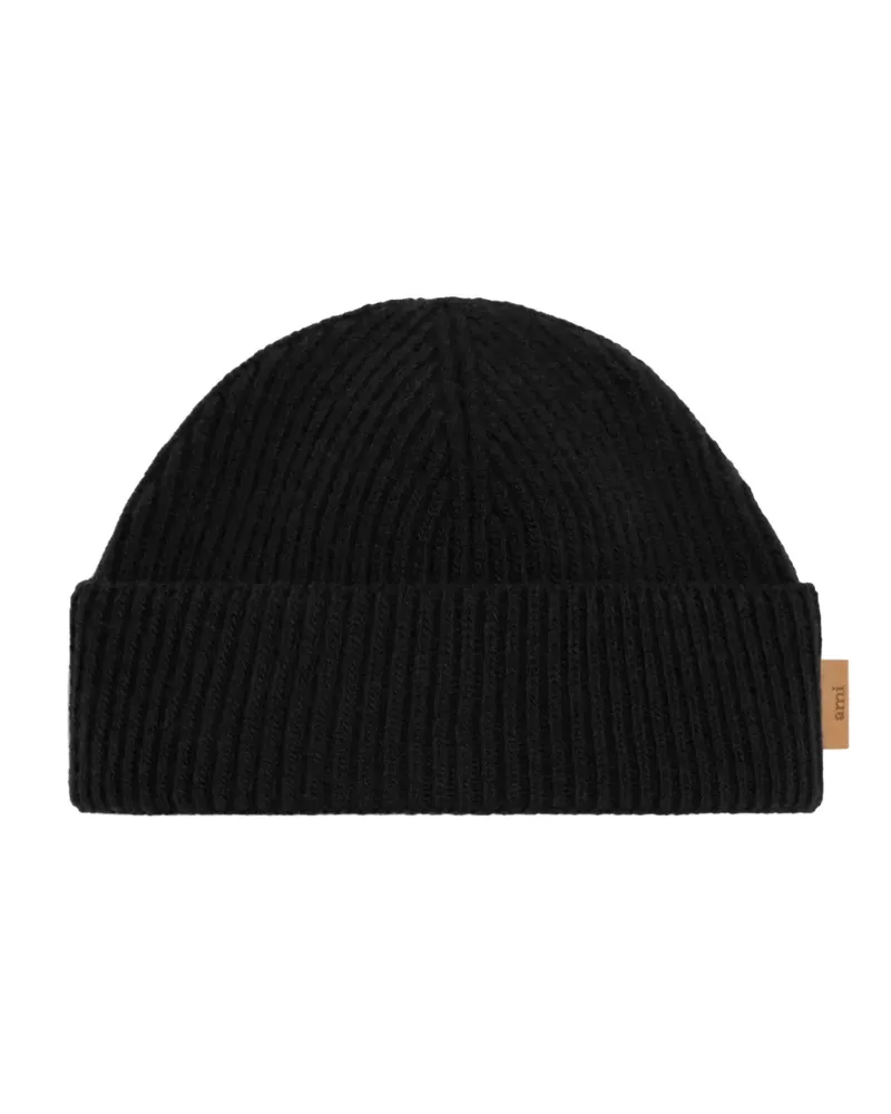 AMI Paris Beanie mit Lederetikett - Schwarz Schwarz