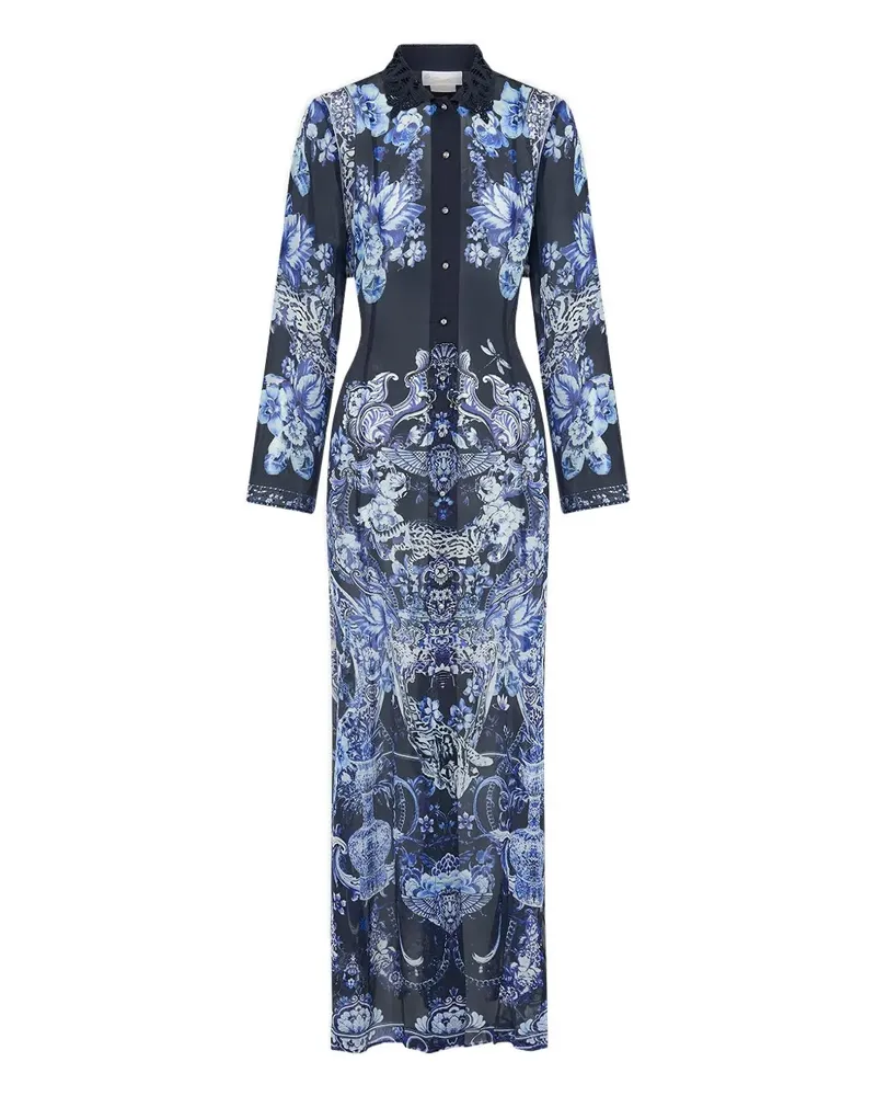 Camilla printed cutwork lace collar trench - Blau Blau