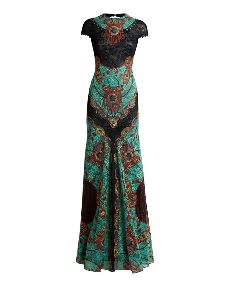 Etro Langes Kleid aus Jersey mit Spitze und Schmuck-Print - Grün Grün