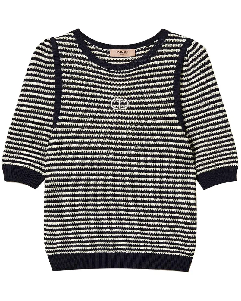 Twin-Set Gestreiftes T-Shirt mit Stickerei - Weiß Weiß