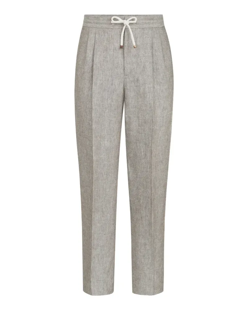 Brunello Cucinelli linen and hemp diagonal trousers with drawstring and double pleats - Grau Grau