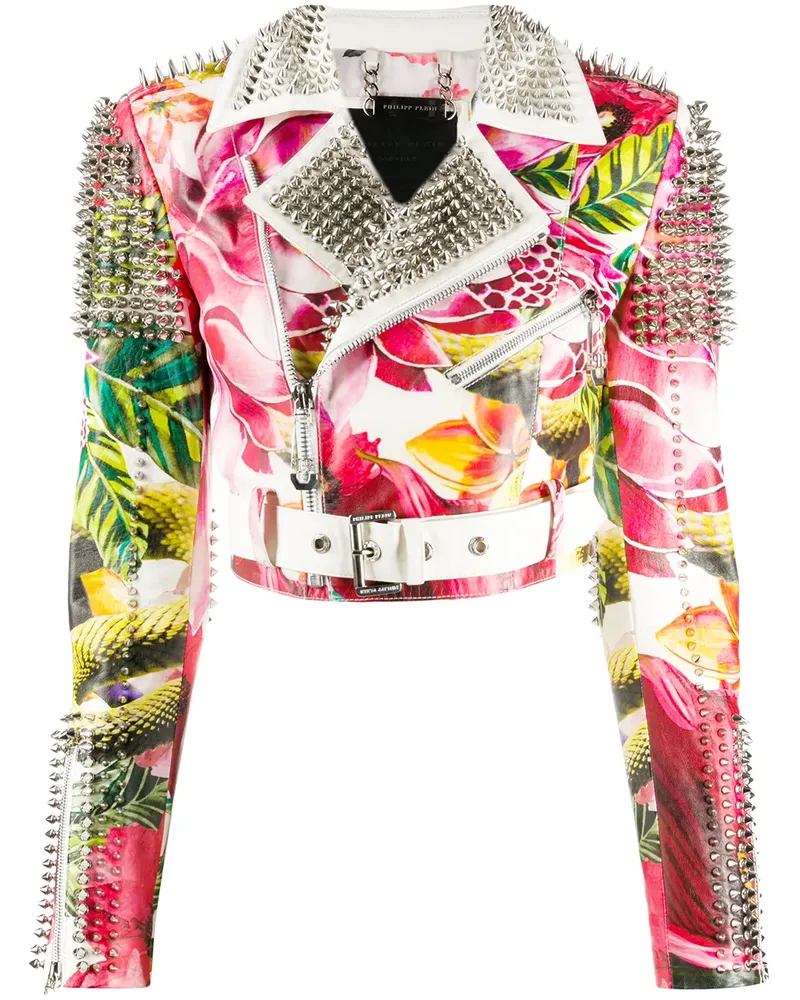 Philipp Plein Bikerjacke mit Blumen-Print - Weiß Weiß