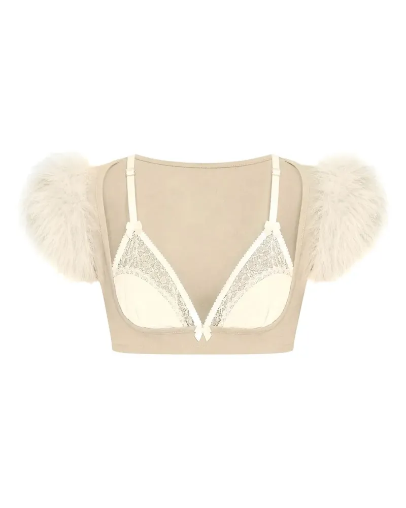 Dsquared2 feather-trim lace-panel top - Nude Nude