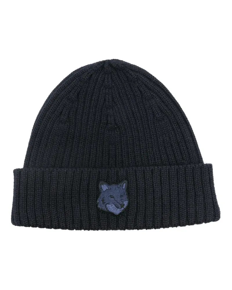 Kitsuné Gerippte Bold Fox Head Beanie - Blau Blau