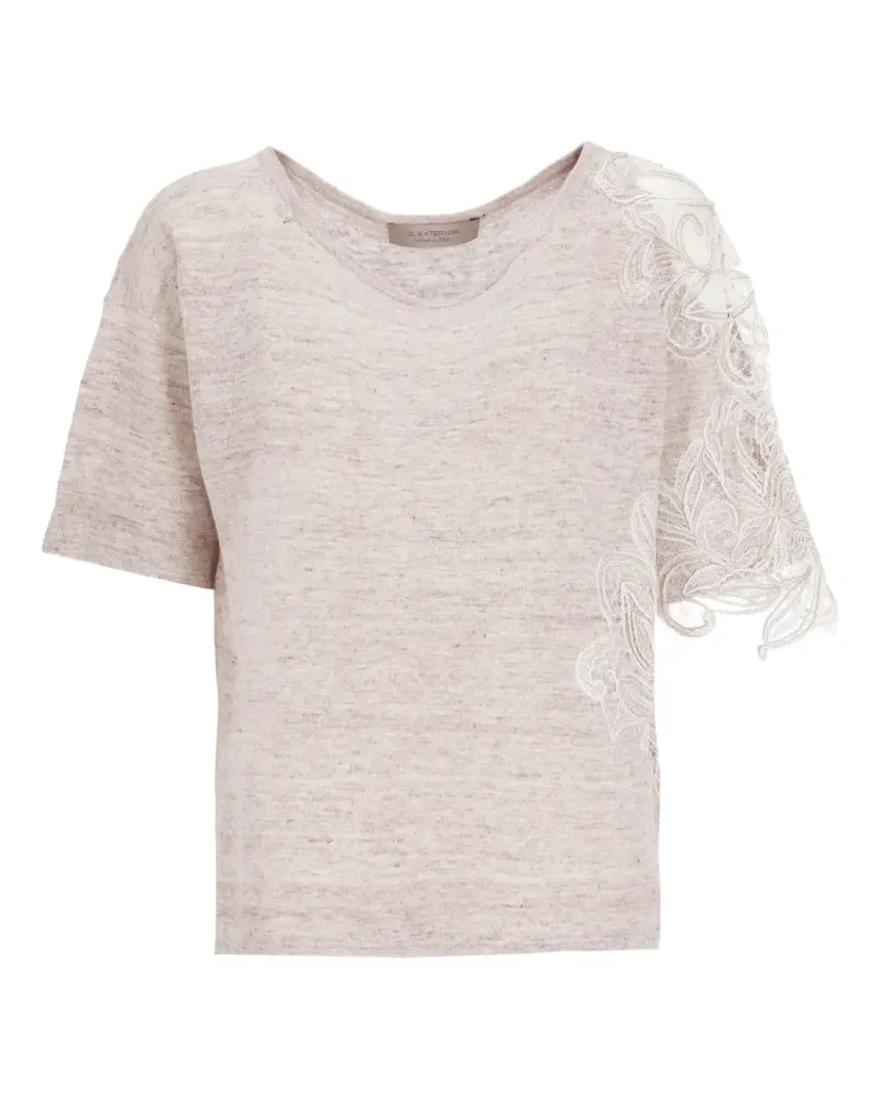 D.EXTERIOR lace-appliqué fine-knit T-shirt - Nude Nude