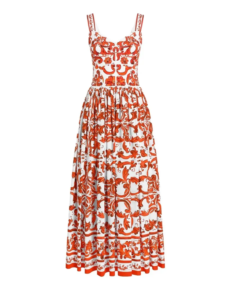 Dolce & Gabbana Langes Popeline-Kleid mit Majolica-Print - Weiß Weiß