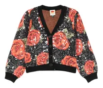 Blumenmuster-Cardigan mit Pailletten - Schwarz