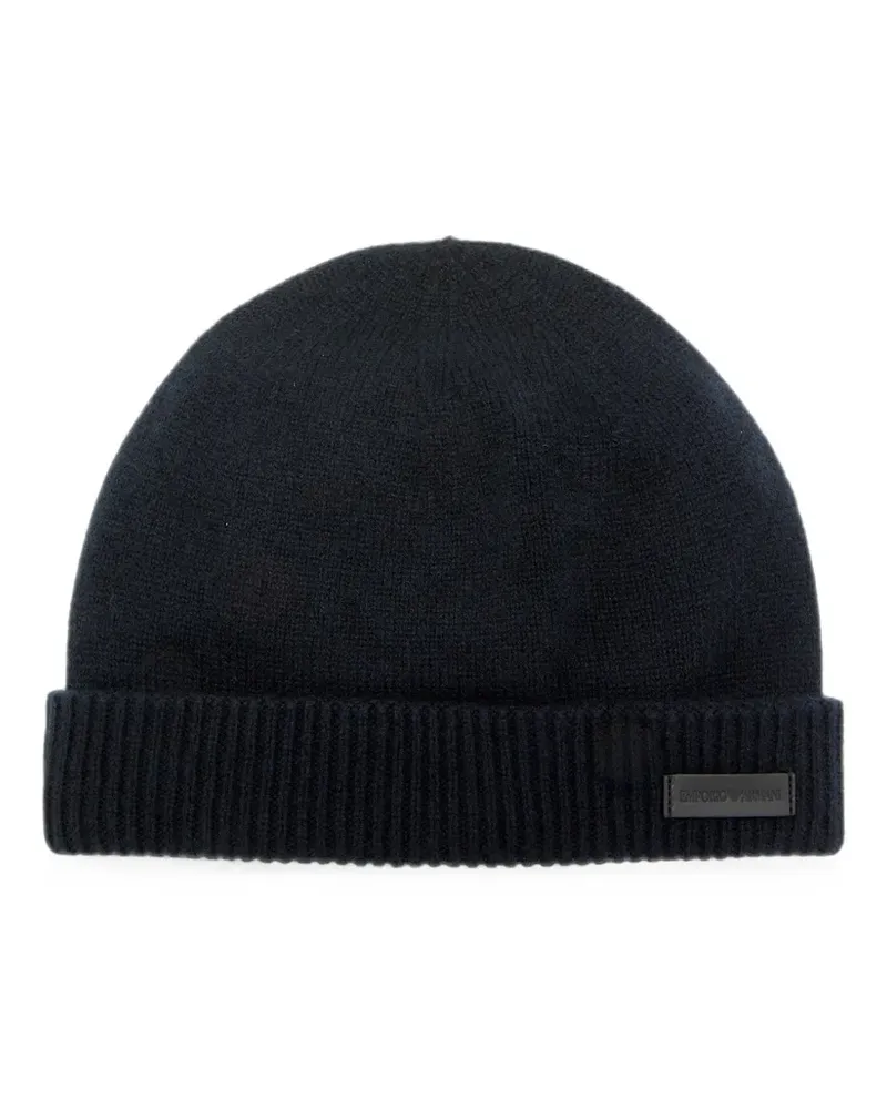 Emporio Armani Gerippte Beanie mit Logo-Schild - Schwarz Schwarz