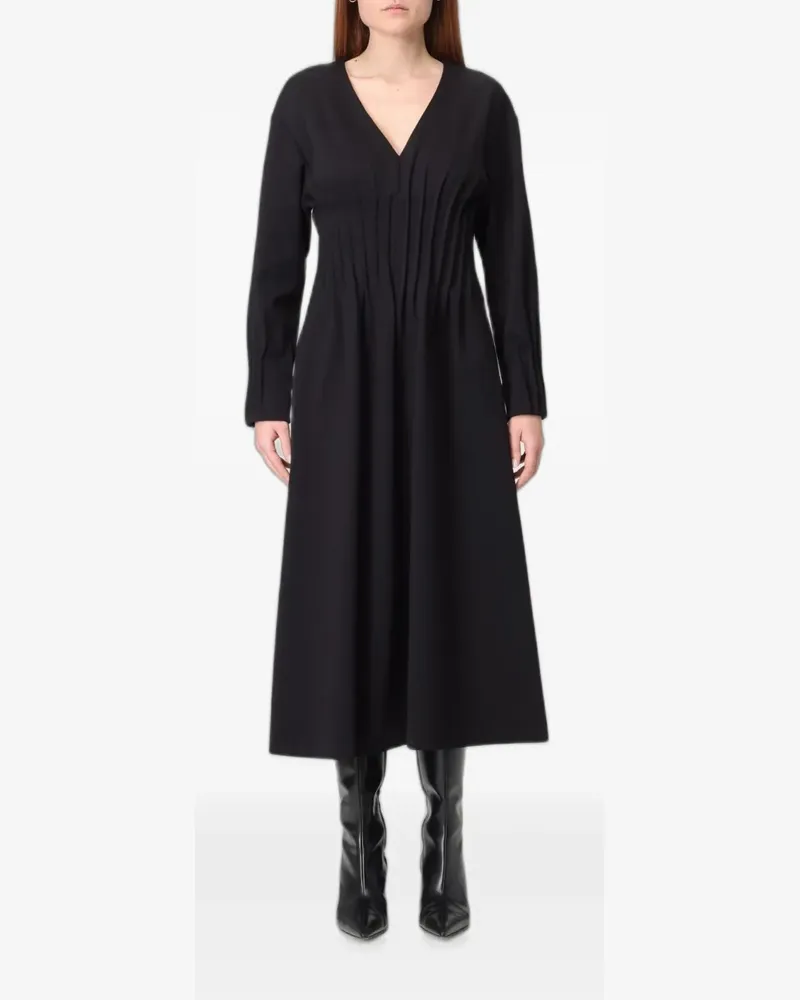 MEIMEIJ pleated-waist V-neck midi dress - Schwarz Schwarz