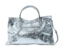 Mittelgroße Tote Bag mit Nieten in Knitteroptik - Silber
