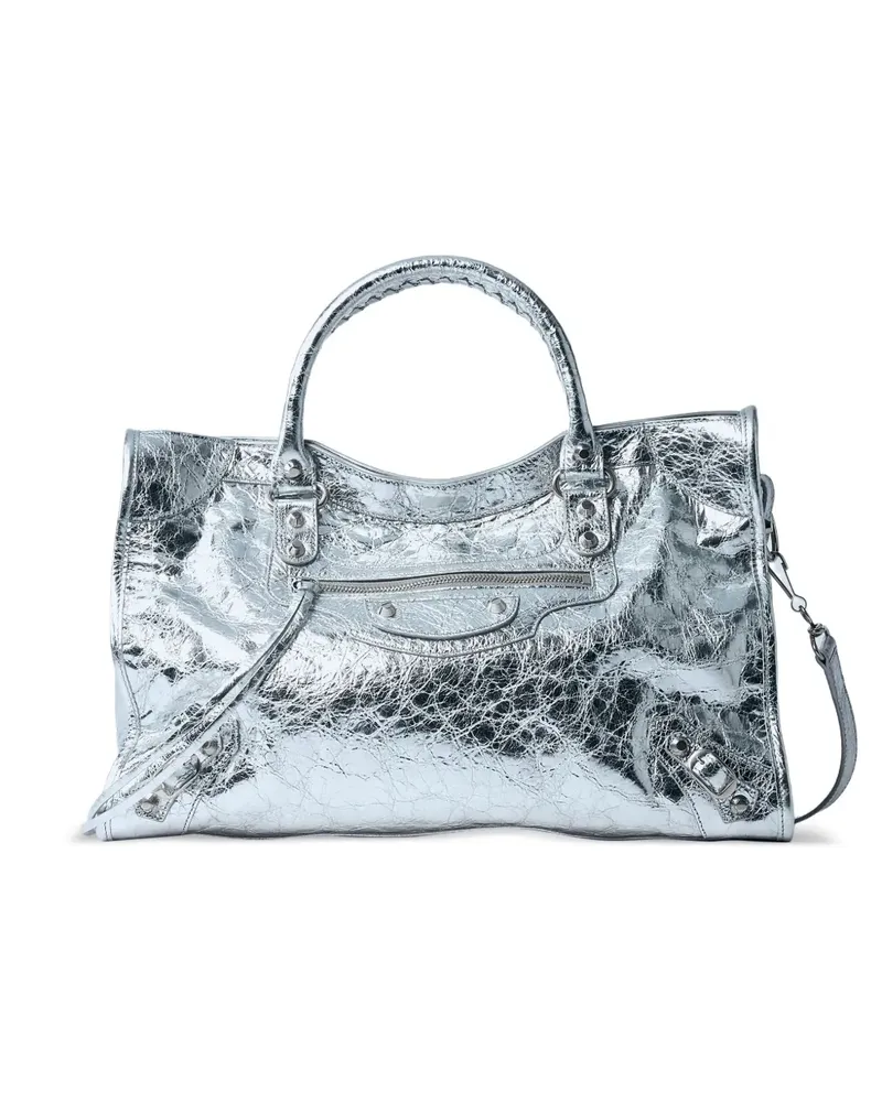 Balenciaga Mittelgroße Tote Bag mit Nieten in Knitteroptik - Silber Silber