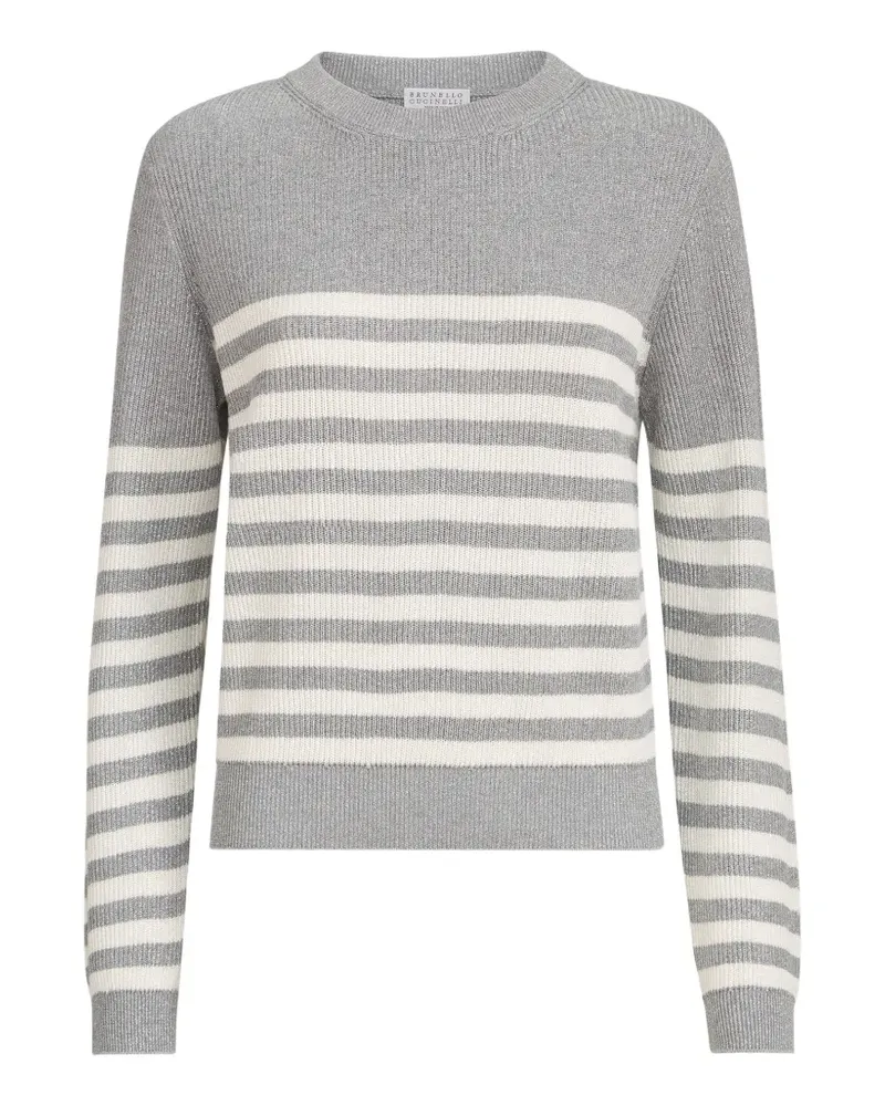 Brunello Cucinelli Gestreifter Pullover aus funkelnder Baumwolle im Patentmuster mit Monili-Verzierung - Grau Grau