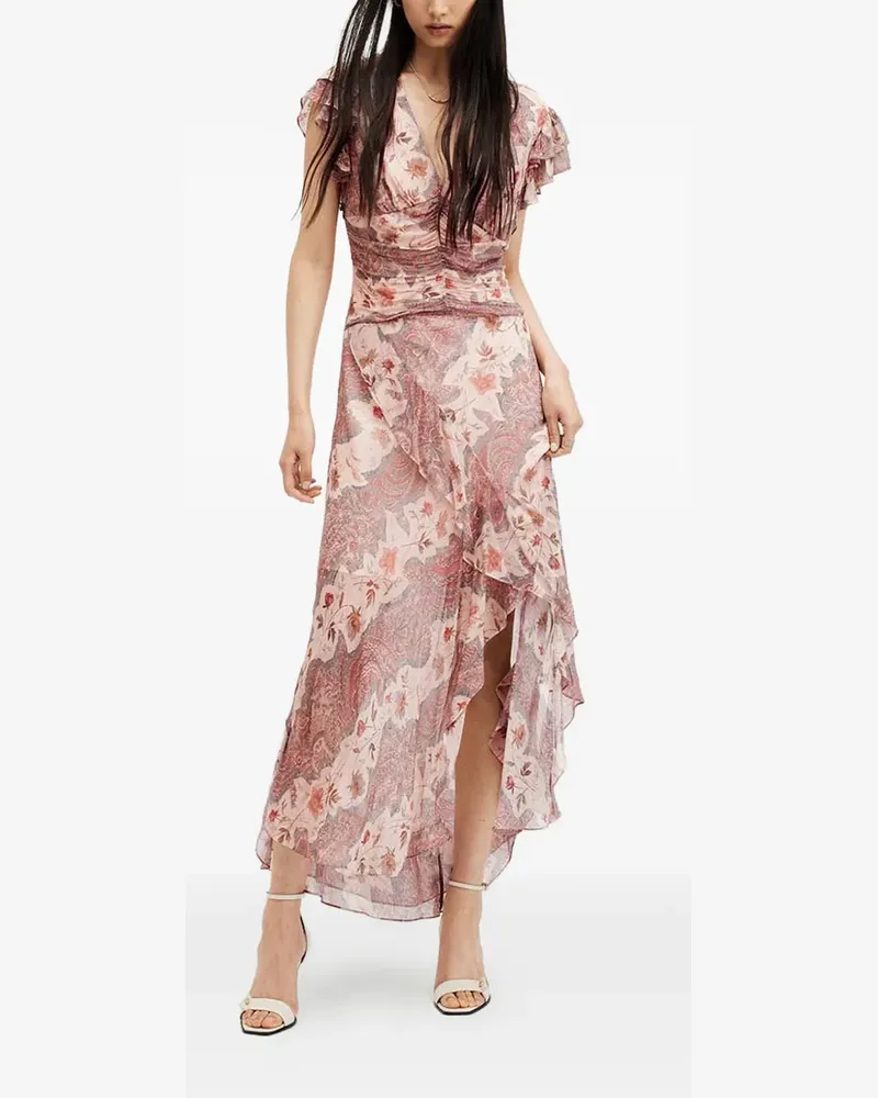 AllSaints Brea ruffled paisley midi dress - Rosa Rosa