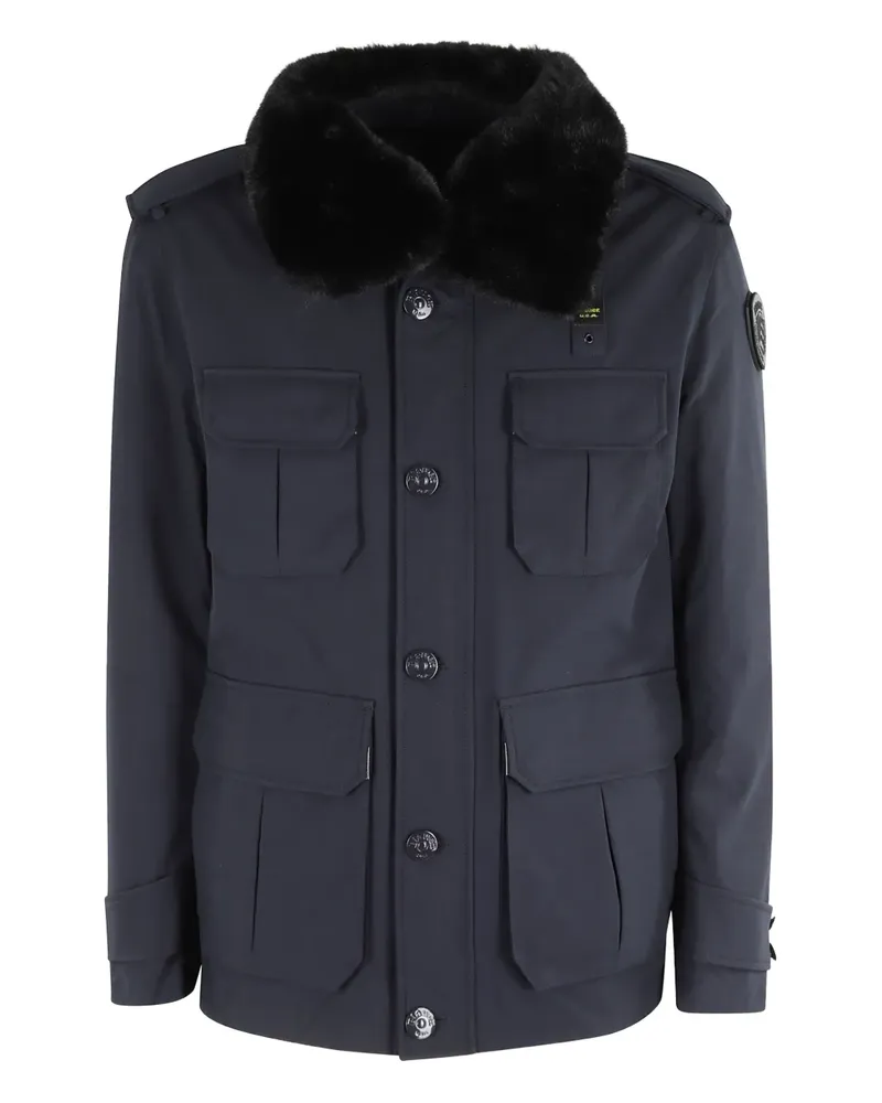 Blauer Jacke mit Pelzkragen und Klappentasche Blau