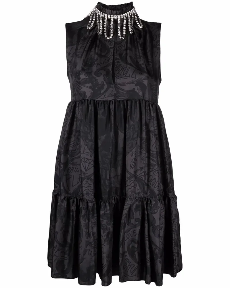 Philipp Plein New Baroque Midikleid mit Kristallkragen - Schwarz Schwarz