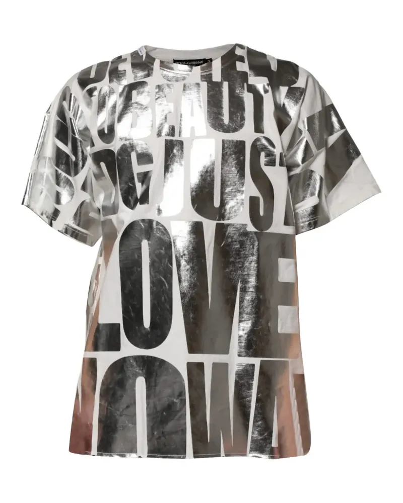 Dolce & Gabbana T-Shirt im Metallic-Look mit Slogan-Print - Weiß Weiß