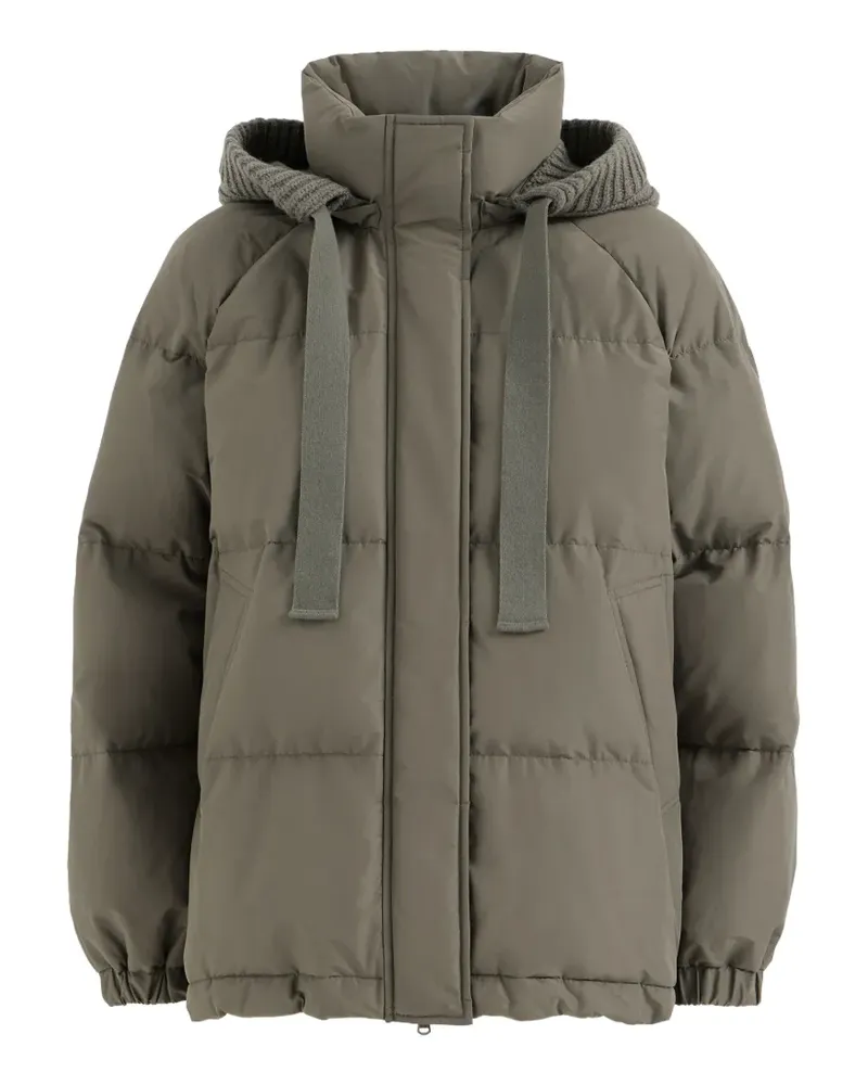 Brunello Cucinelli Daunenjacke aus technischem Baumwolltaft mit abnehmbarer Kapuze aus Kaschmirstrick - Grün Grün