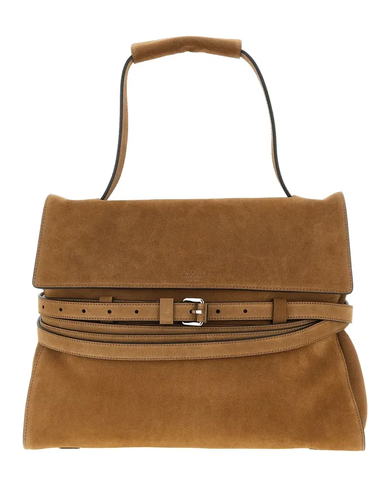 Moschino Mittelgroße Tie Me Wildleder-Schultertasche mit Gürteldetail - Braun Braun
