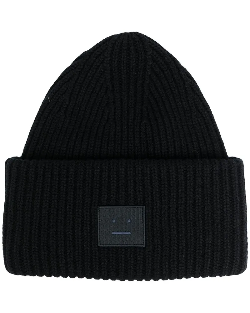 Acne Studios Gerippte Mütze mit Gesicht-Patch - Schwarz Schwarz