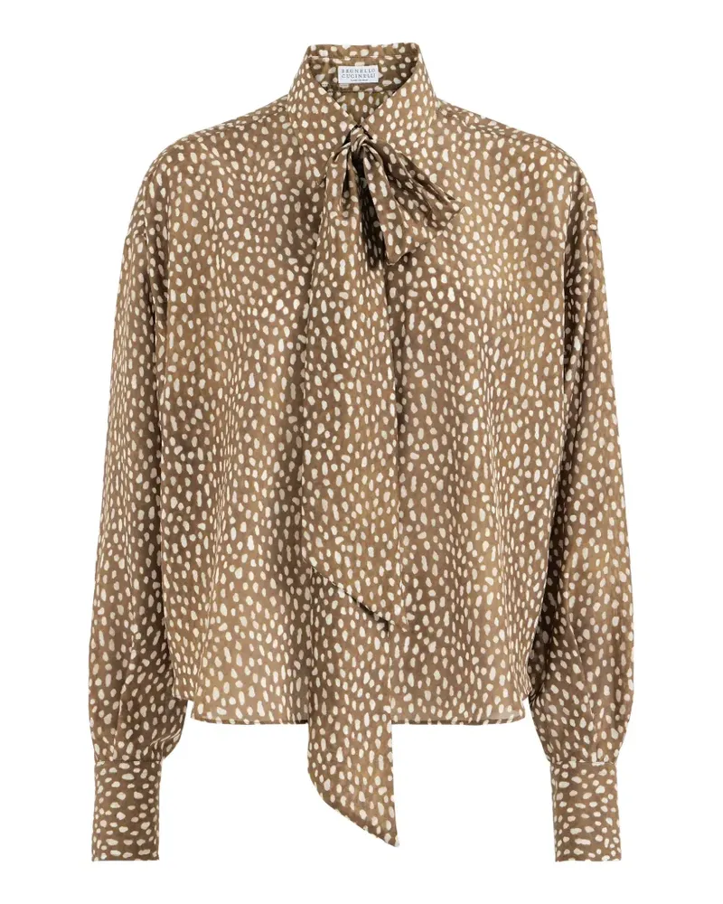 Brunello Cucinelli Dapple Pongee Bluse aus Seide mit Monili - Braun Braun