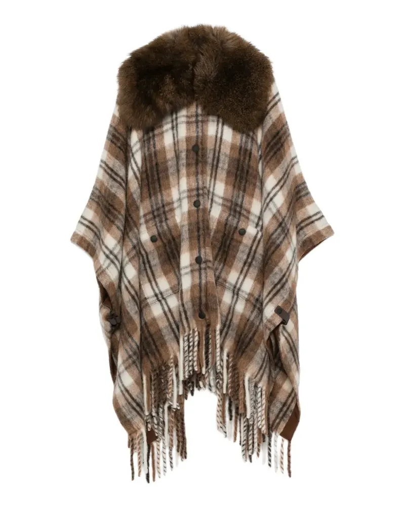 Moncler plaid-check faux-fur-collar cape - Braun Braun